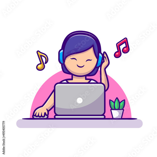 Girl Listening Music With Headphone And Laptop Cartoon Vector Icon Illustration. People Technology Icon Concept Isolated Premium Vector. Flat Cartoon Style
