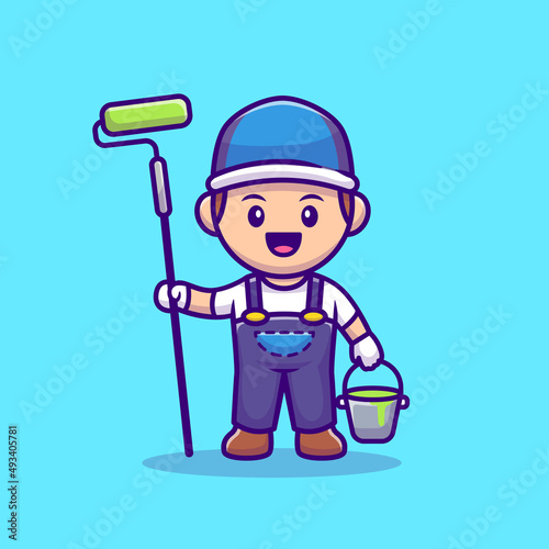 Painter With Roll Brush And Bucket Paint Cartoon Vector Icon Illustration. People Profession Icon Concept Isolated Premium Vector. Flat Cartoon Style