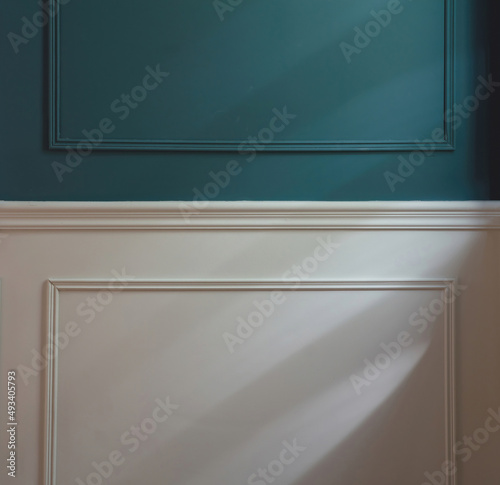 Classic wainscot wood decoration detail. Retro blue and white wall wooden panel, close up view.