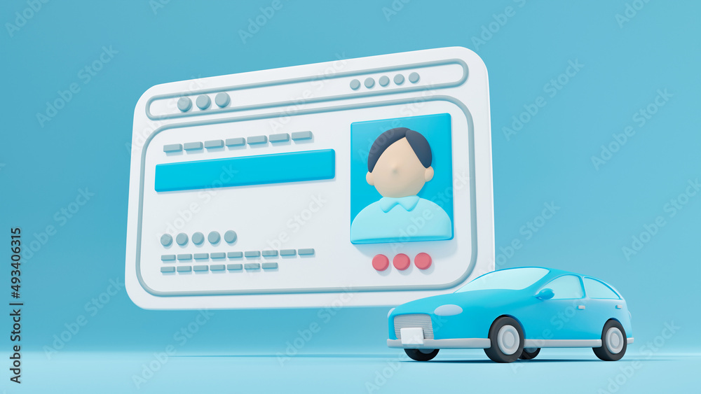 3Dイラストレーションで構成された運転免許証と自動車のイメージ。