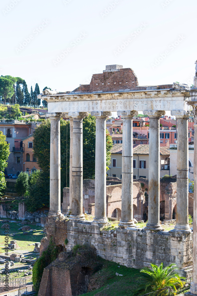 Forum Romanum, view of the ruins of several important ancient  buildings, the remains of Temple of Saturn, Rome, Italy