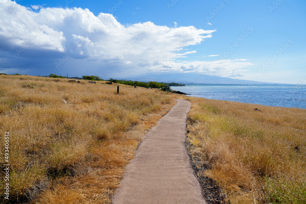 Walking trail along the shoreline in the Pu'ukohola Heiau National Historic Site on the Big Island of Hawai'i in the Pacific Ocean