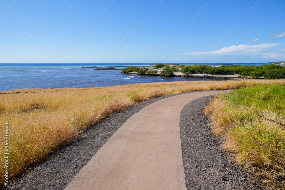 Walking trail in the Pu'ukohola Heiau National Historic Site on the Big Island of Hawai'i in the Pacific Ocean