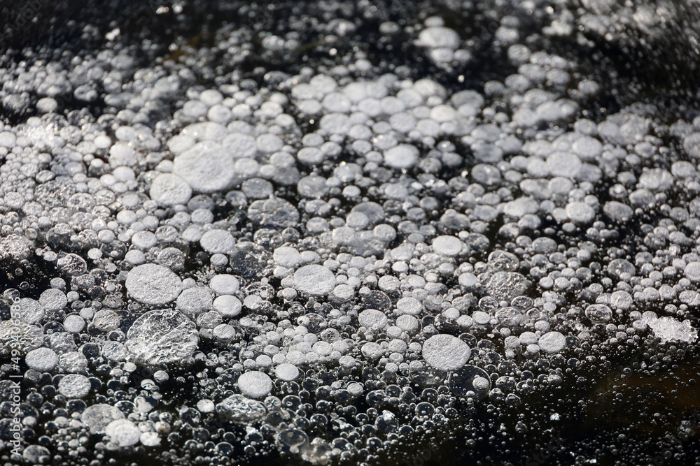 Ice with frozen bubbles on the lake. Winter or early spring season, natural background Ice with frozen bubbles on the lake. Winter or early spring season, natural background