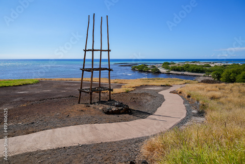 Wooden lele (offering tower) in the Pu'ukohola Heiau National Historic Site on the Big Island of Hawai'i in the Pacific Ocean photo