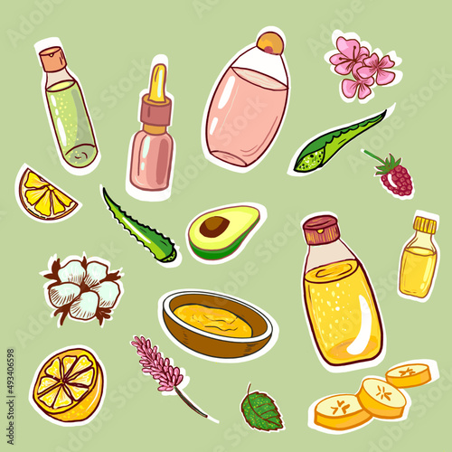 Natural cosmetics sticker set, bottles, essential oils, avocado, aloe, flowers, honey, hand drawn, vector, background clipart