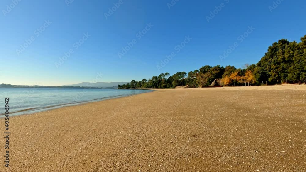Rianxo beach in Galicia Spain with sand and trees while a seagull fishes in the sea. Traveling forward in slow motion Rianxo beach in Galicia Spain with sand and trees while a seagull fishes in the sea. Traveling forward in slow motion