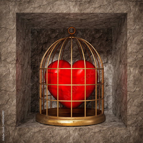 Red heart locked in gold birdcage. 3D illustration