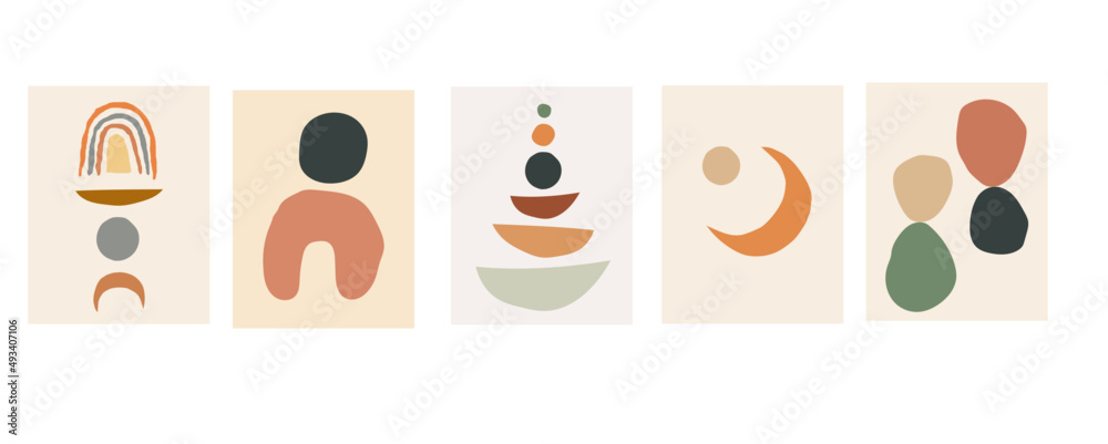 Collection of modern simple abstractions with geometric shapes in pastel colors on a beige background