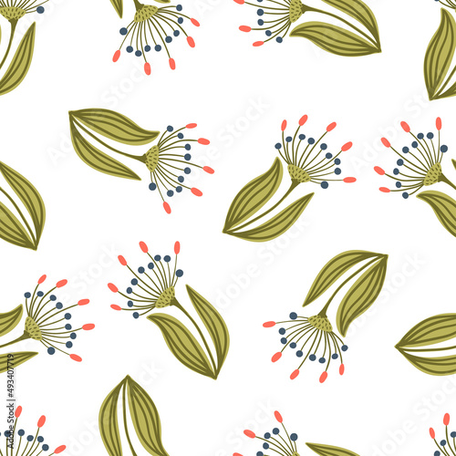 Oriental mystic motif branches with stylized ornamental flowers and berries in folk vintage style inspired by northern mythology, fairy tales seamless pattern. Vector flat cartoon texture background