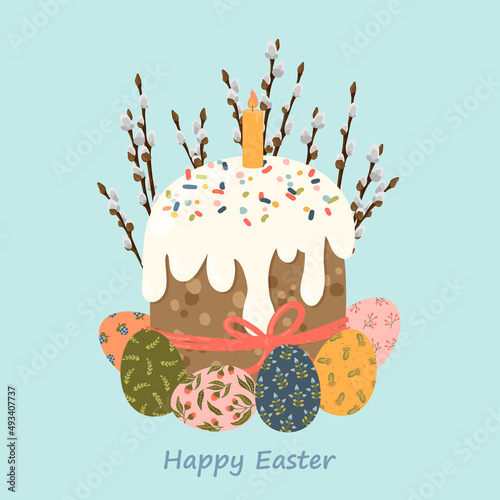 Easter cake, eggs and willow twigs with candle flat cartoon vector illustration. Happy Easter greeting card.