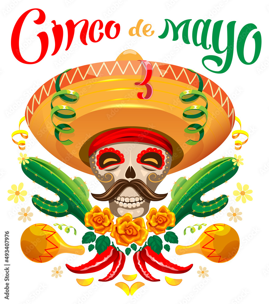 Cinco de mayo mexican holiday template greeting card. Lettering text and skull in sombrero