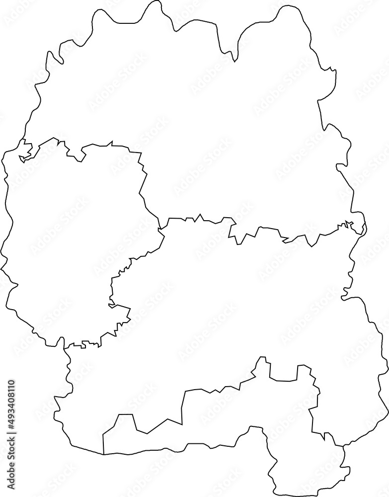 White flat blank vector map of raion areas of the Ukrainian administrative area of ZHYTOMYR OBLAST, UKRAINE with black border lines of its raions