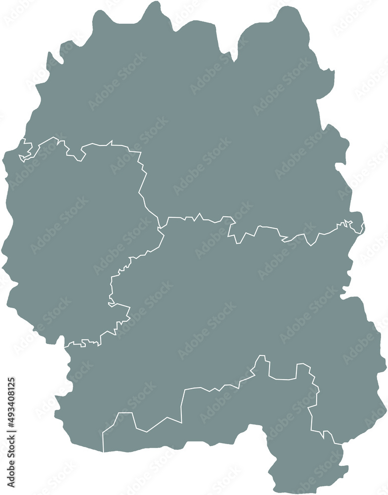 Gray flat blank vector map of raion areas of the  Ukrainian administrative area of ZHYTOMYR OBLAST, UKRAINE with white  border lines of its raions