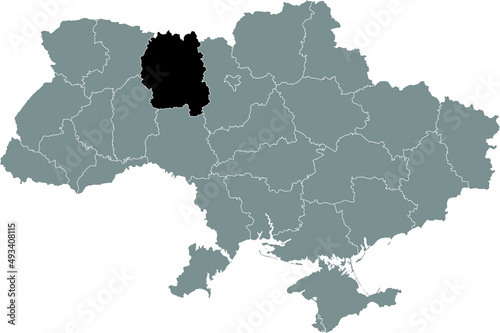 Black flat blank highlighted locator map of the Ukrainian administrative area of ZHYTOMYR OBLAST inside gray flat map of UKRAINE