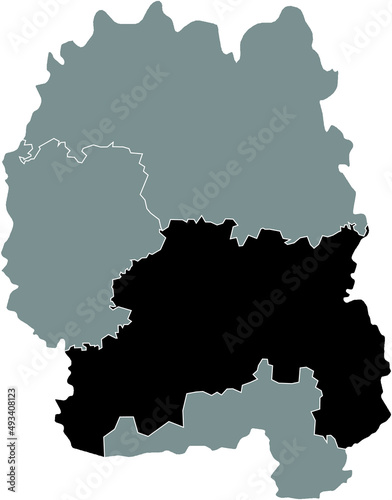 Black flat blank highlighted location map of the ZHYTOMYR RAION inside gray raions map of the Ukrainian administrative area of Zhytomyr Oblast, Ukraine