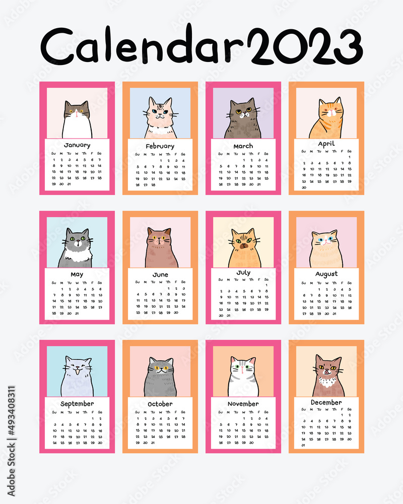 Calendar 2023 Collection with Vector Design of Hand Drawn Cartoon Cat