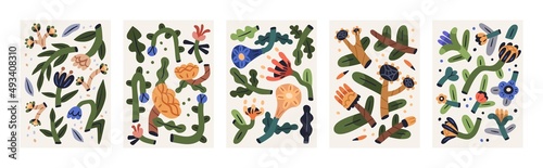 Wall art designs set. Modern posters with abstract flowers. Contemporary flor...