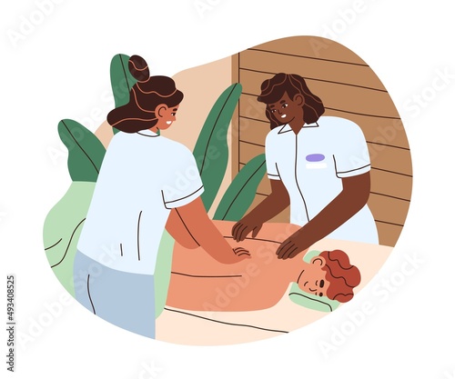 Client relaxing at four-hand massage. Person getting body treatment, relaxation in SPA and wellness salon. Two masseuse and man lying on couch. Flat vector illustration isolated on white background