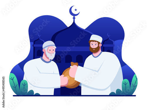 Muslim Person giving zakat to Poor Old Man while Ramadan Month.  Islamic obligation of donation and charity. Islamic People give alms Zakat. Can be used for socila media web, book, animation, etc photo