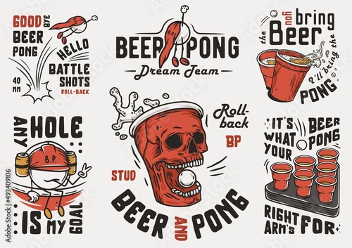Beer pong game set. Prints with beer cup skull and ball with foam splash. Design of alcohol sport with throw and drink. College challenge with booze