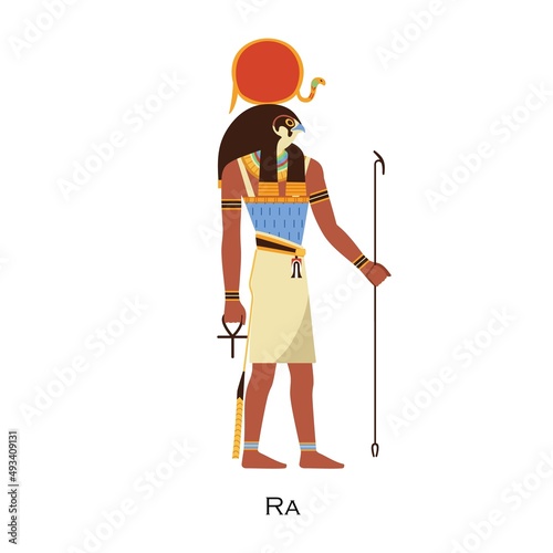 Ra god, Ancient Egyptian deity with solar disk and falcon head. Old history character figure with sun. Egypts mythology and religion. Flat vector illustration isolated on white background