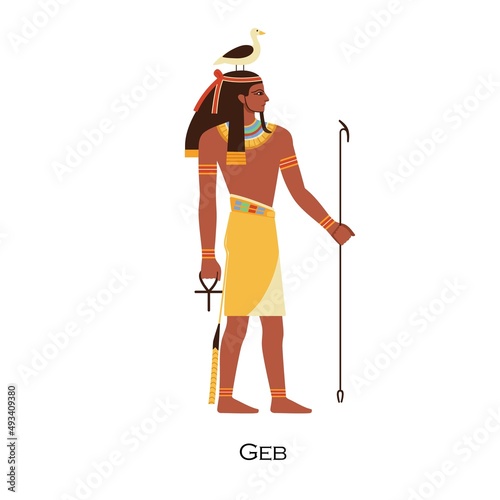 Geb, Old Egypts god of Earth. Ancient Egyptian deity with goose bird on head. Character from history, mythology and religion. Father of snakes. Flat vector illustration isolated on white background
