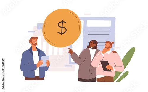 Business people, partners and coin, corporate revenue, earnings. Financial capital, income and profit concept. Finance management in company. Flat vector illustration isolated on white background