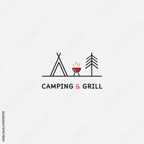 camping and grill logo template, line style logo
