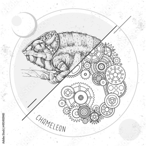 Realistic and punk style chameleon illustration. Chameleon silhouette with gears. Vector illustration