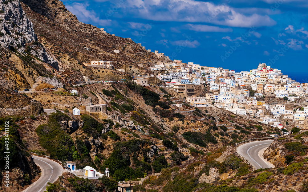 Scenic panoramic view of Olympos town and mountain, Karpathos island, Greece.
