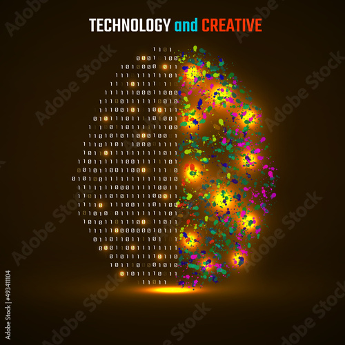 Left and right human brain cerebral hemispheres with binary code and colorful ink splashes, grunge splatters. Vector illustration