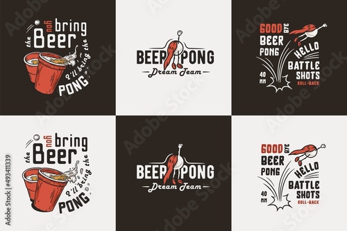 Beer pong game. T-shirt print with beer flying ball man for design competition or tournament in bar. Alcohol sport with throw and drink