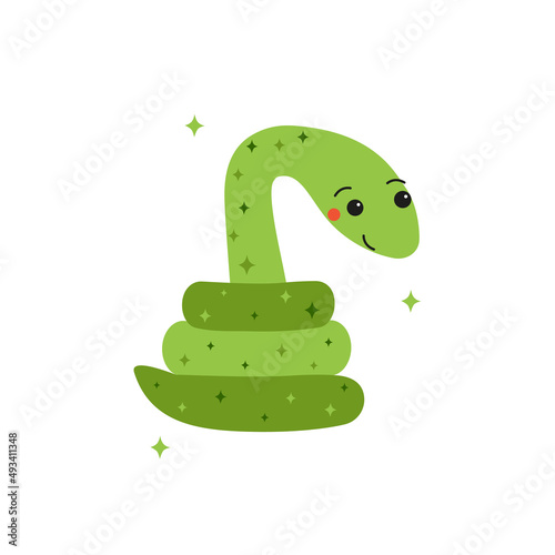 Cute baby snake. Funny vector illustration with wild exotic animal - green python drawn in doodle style and isolated on white background for printing on kids textile, cards or stickers