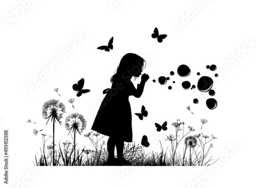 Silhouette of a girl blowing soap bubbles. Vector illustration