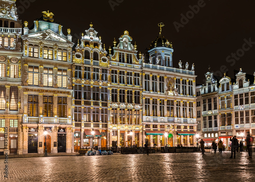 A view of the Grand Place at night, Brussels, Belgium. Grand Place is the central square of Brussels capital city, surrounded by opulent guildhalls.