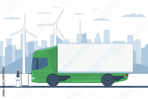 Electric truck on the background of an abstract city landscape and wind turbines. Vector illustration.