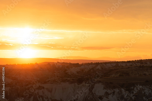 Amazing orange sunrise in Cappadocia, Turkey with soft selective focus. Beauty of nature concept