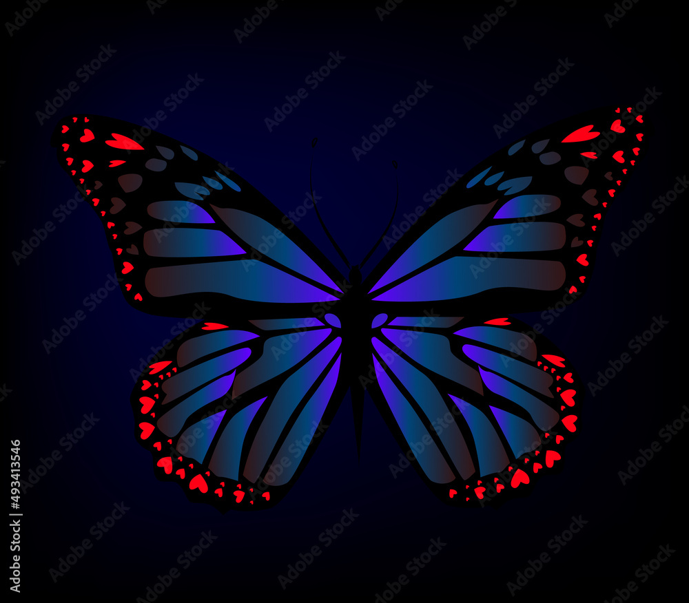 The object is a dark blue butterfly on a dark background. Vector illustration