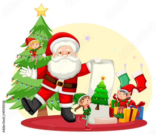 Santa Claus with elves in cartoon style