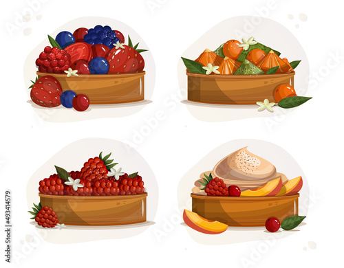 Fruit and berry tart sets. Set of cakes with fruit and berry. Sweet homemade pies. Delicious cakes with lots of toppings