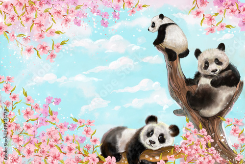 Cute pandas illustration for postcards and posters