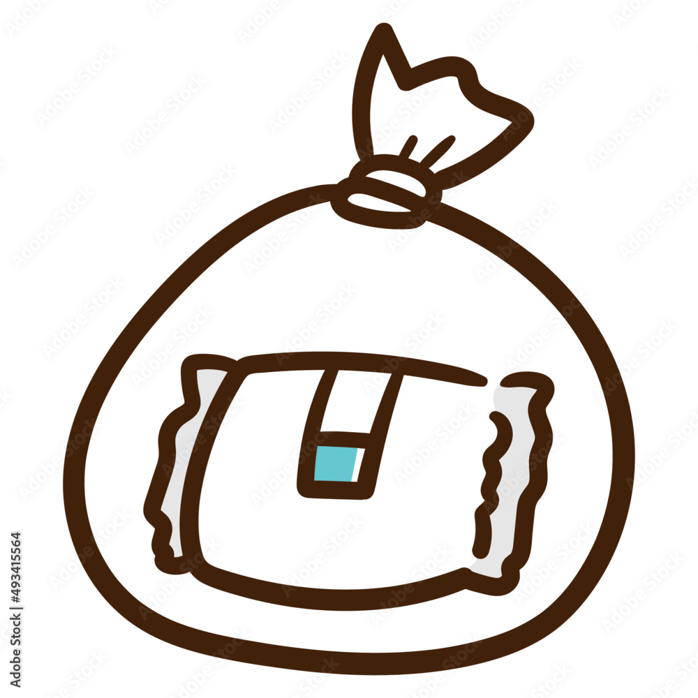 使用済みオムツをゴミ袋に入れている手書き風イラスト 使用済みオムツをゴミ袋に入れている手書き風イラスト