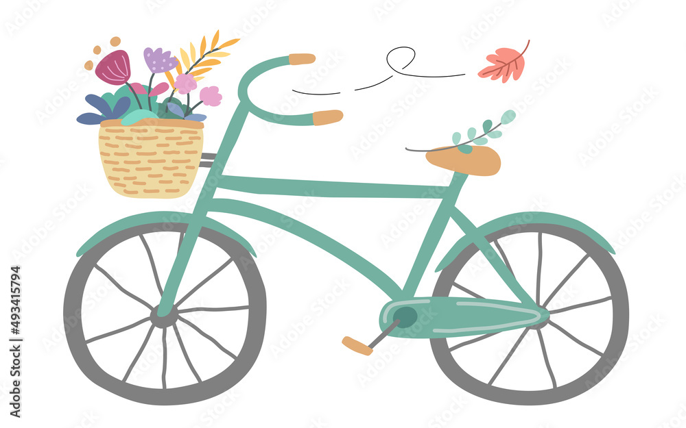 Green bicycle and flower basket designed in pastel tones, vintage doodle style, great for cards, posters, digital print clothing, fabrics, spring theme decorations and more.