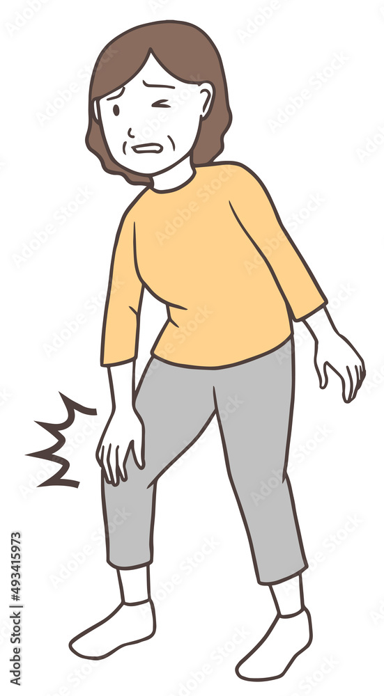 Fototapeta premium 変形性膝関節症、膝が痛くて困っている中年女性のおばさん