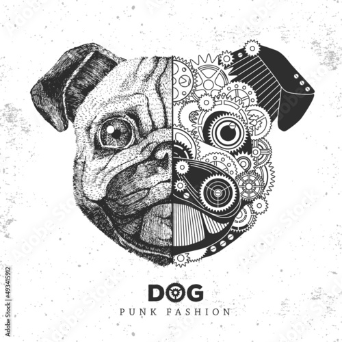 Realistic and punk style pug dog face illustration. Pug dog face silhouette with gears. Vector illustration