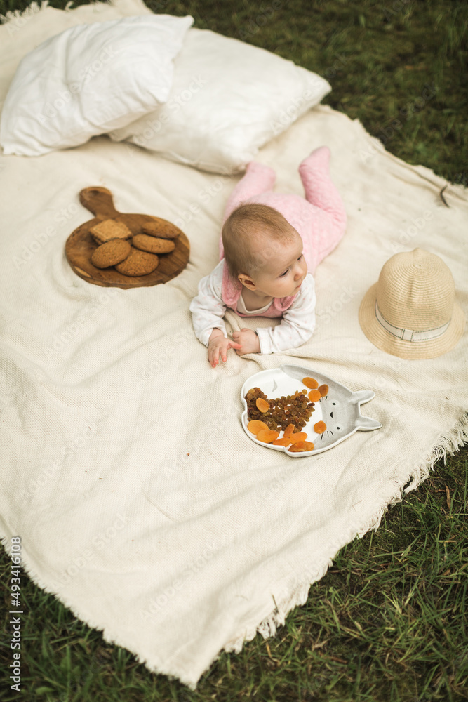 little girl resting on a blanket in the park