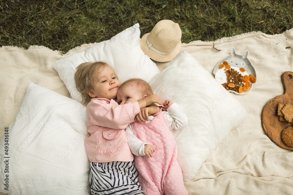 two little sisters play on the picnic
