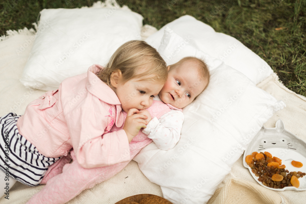 two little sisters play on the picnic