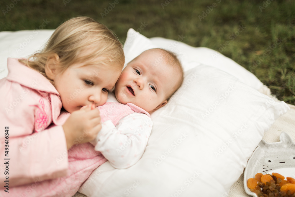 two little sisters play on the picnic